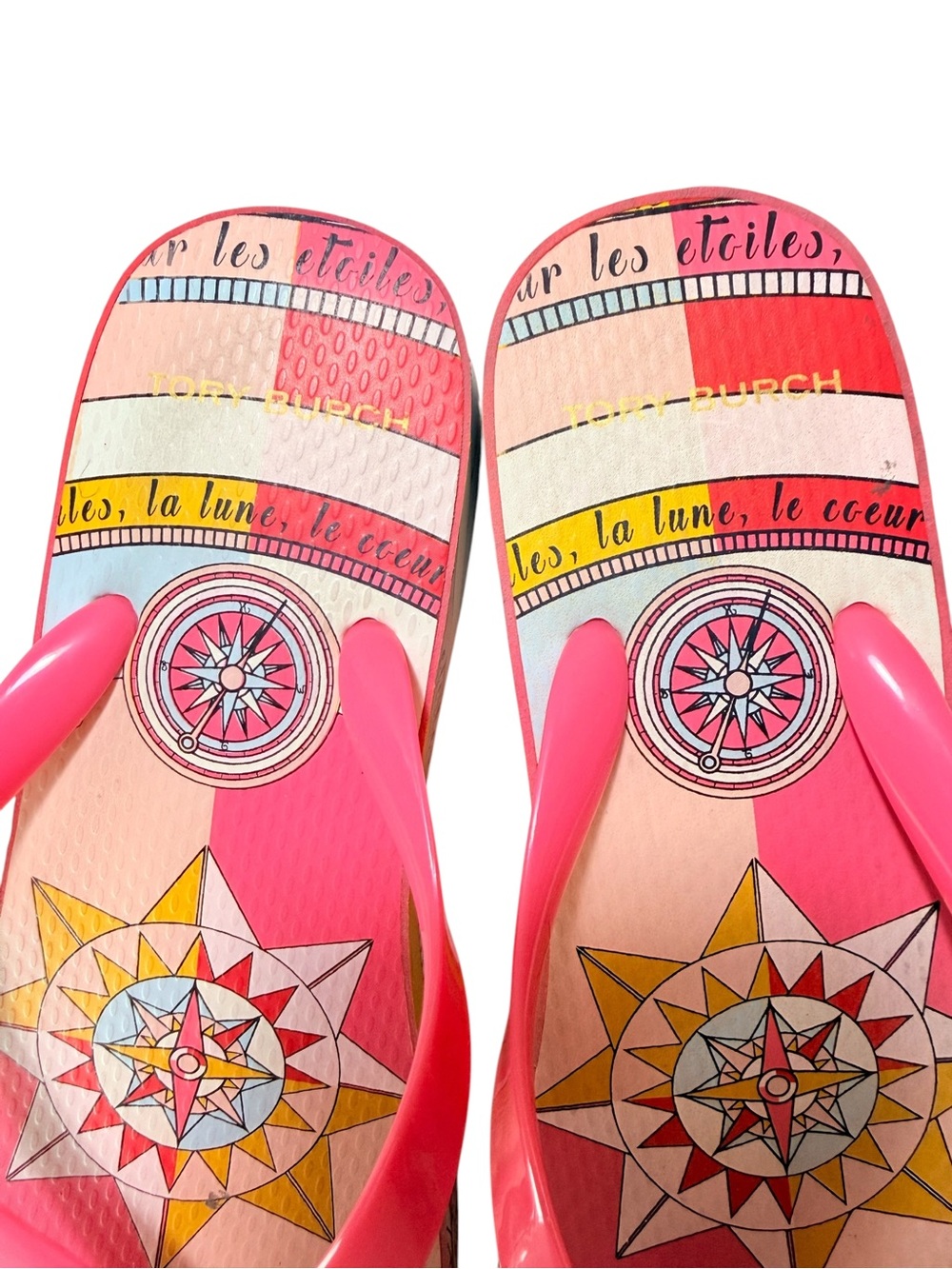 Tory Burch Valentina Flip Flops Pink Compass Print Logo Sandals - Picture 2 of 6